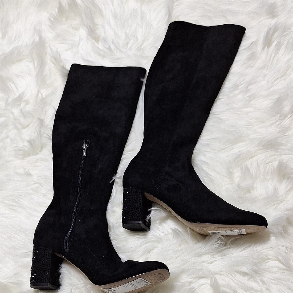 Jewel Badgley Mischka Black Heeled Boots Size 8 With Fancy Jeweled Heels